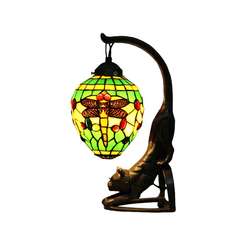 Cut Glass Dragonfly Desk Lighting Baroque Style 1 Light Red/Green Cat Table Light for Bedroom