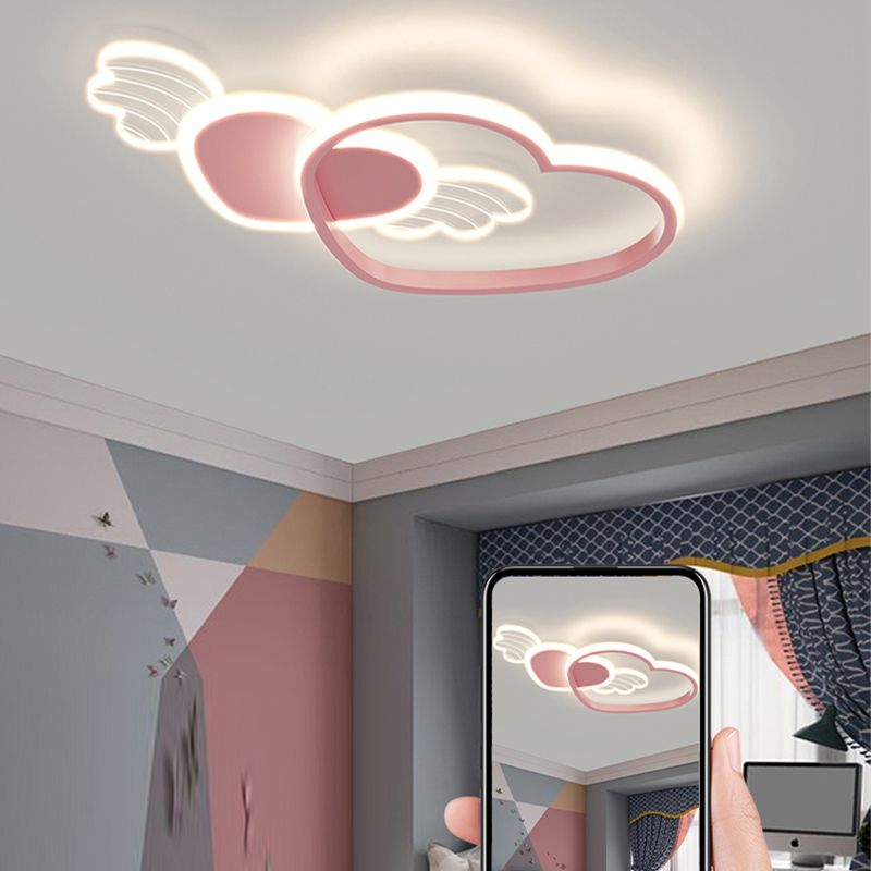 Metal Heart Shape Flush Ceiling Light Modern Style 4 Lights Flush Mount Lighting in Pink