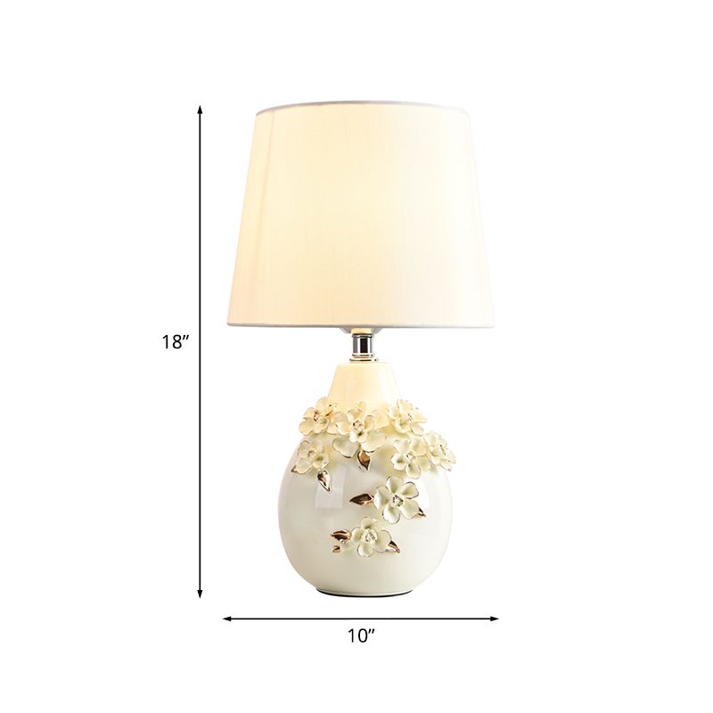 Ceramic White Table Lamp Magnolia-Embellished Vase Single Traditional Night Light with Shade, 18"/19.5" Wide