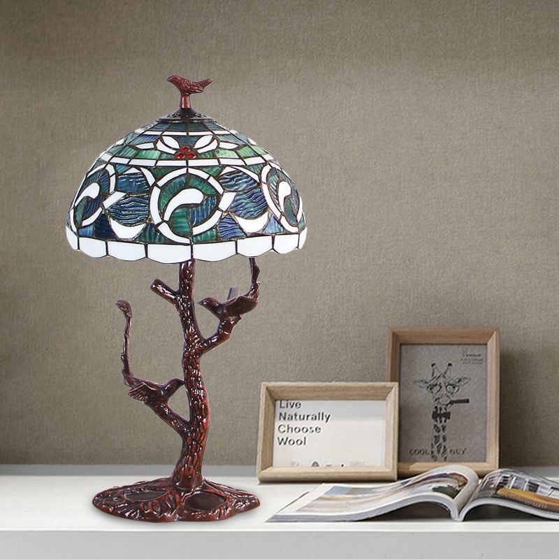 Stained Glass Dome Table Light Tiffany Style 1 Light Coffee Kapok Patterned Night Lamp with Tree Design
