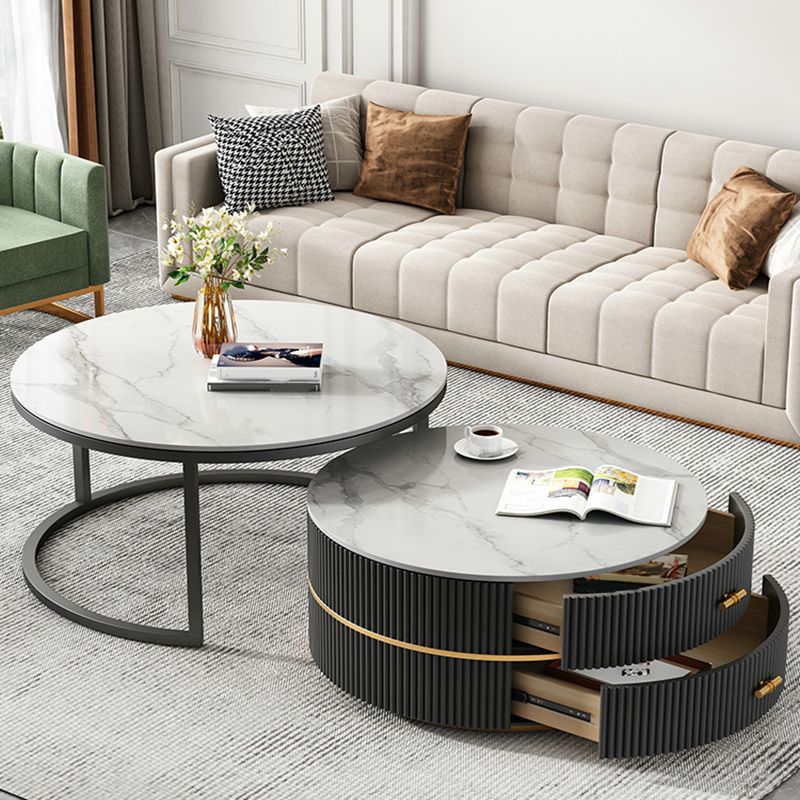 Round Slate Coffee Table Set Frame Cocktail Table with 2 Storage Drawers