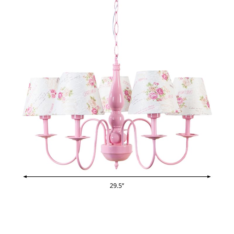 5 Bulbs Blossom Hanging Lamp with Fabric Shade Kids Metal Chandelier in Pink for Kindergarten