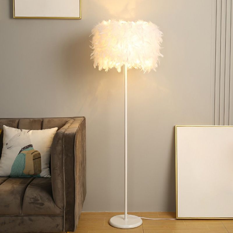 Drum Shade Standing Light Minimalistic Feather 1��Bulb Living Room Floor Lamp in White