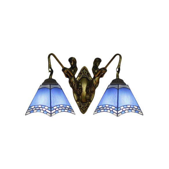 Pyramid Blue Glass Sconce Lighting Mediterranean 2 Head Antique Bronze Wall Mount Light