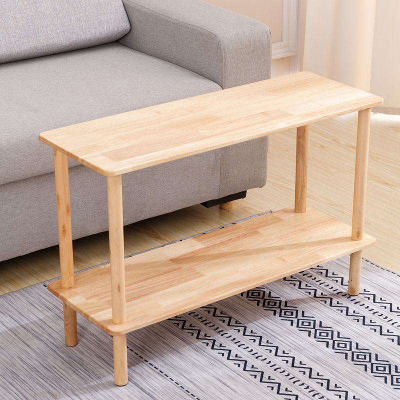 Modern Solid Wood End Slide Table 4 Legs with Shelf Double Tier Side Table