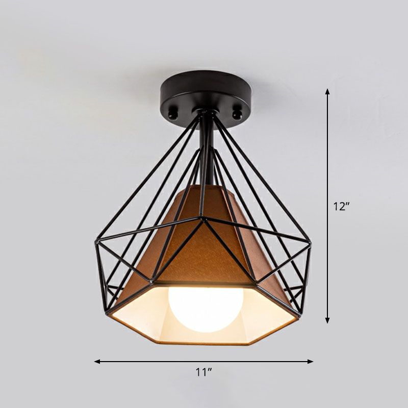 Iron Diamond Cage Semi Flush Light Simplicity Single Corridor Flush Ceiling Light Fixture