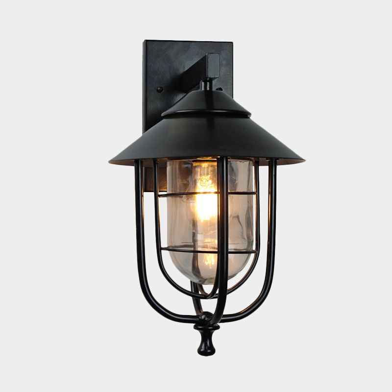 Wire Cage Outdoor Sconce Vintage Metal 1-Bulb Black Finish Wall Mounted Lamp with Clear Glass Shade