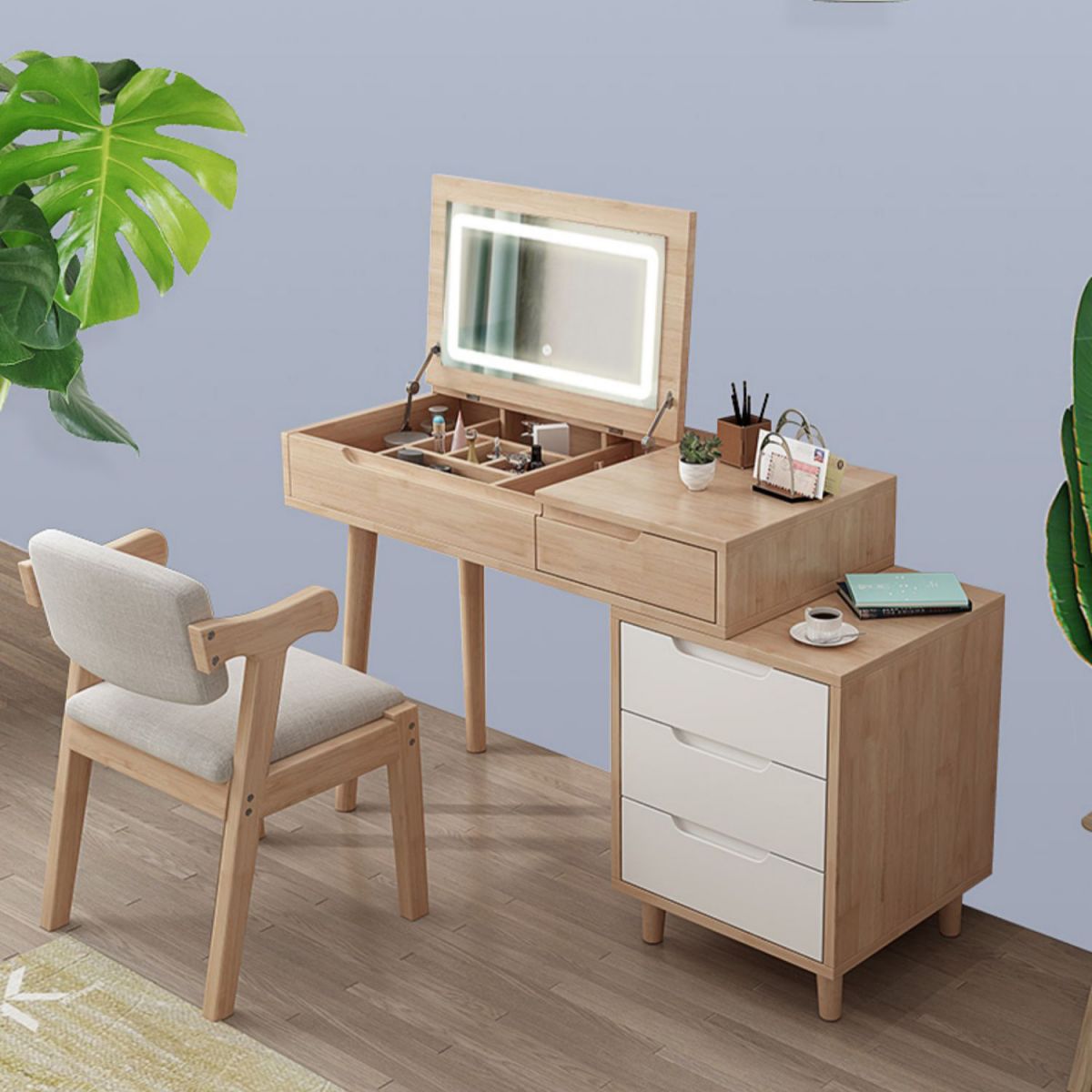 Modern Rubberwood Dressing Table Set with Stool 1-Mirror Wood Vanity Table