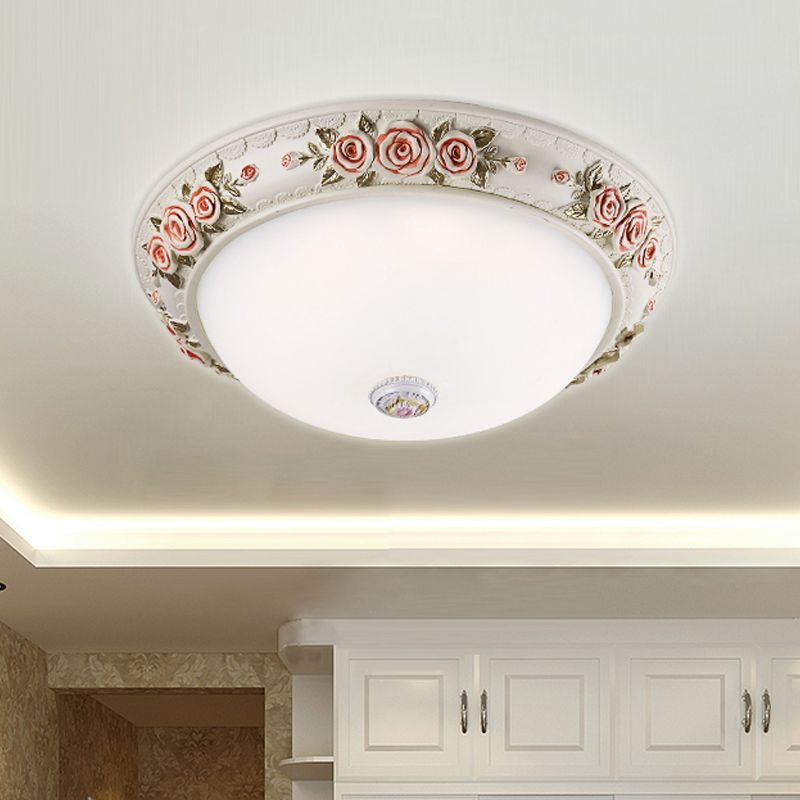 12"/16" Wide Domed Ceiling Mounted Light Korea Countryside White Glass Flush Lamp Fixture with Rose Deco