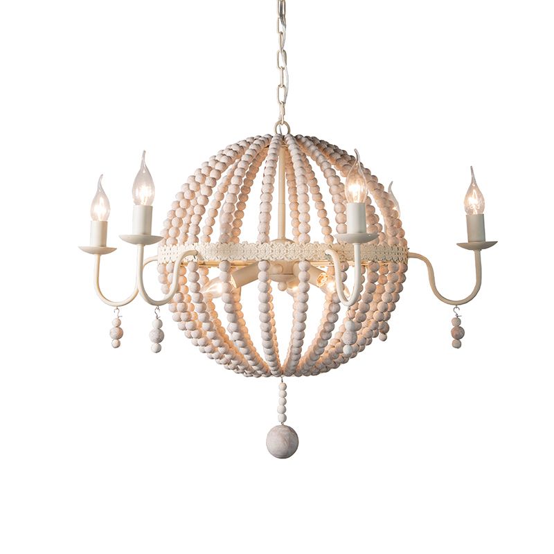 Distressed White Beaded Chandelier Country Style Wooden Living Room Pendant Light