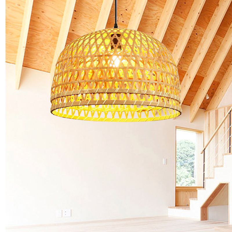 Brown/Wood Dome Shade Hanging Light Modern Style 13"/21" Dia 1 Light Bamboo Pendant Lamp for Restaurant