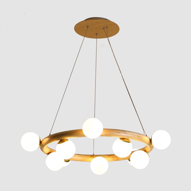 Modern Creative Chandelier Wooden Globe Pendant Light with White Glass Shade