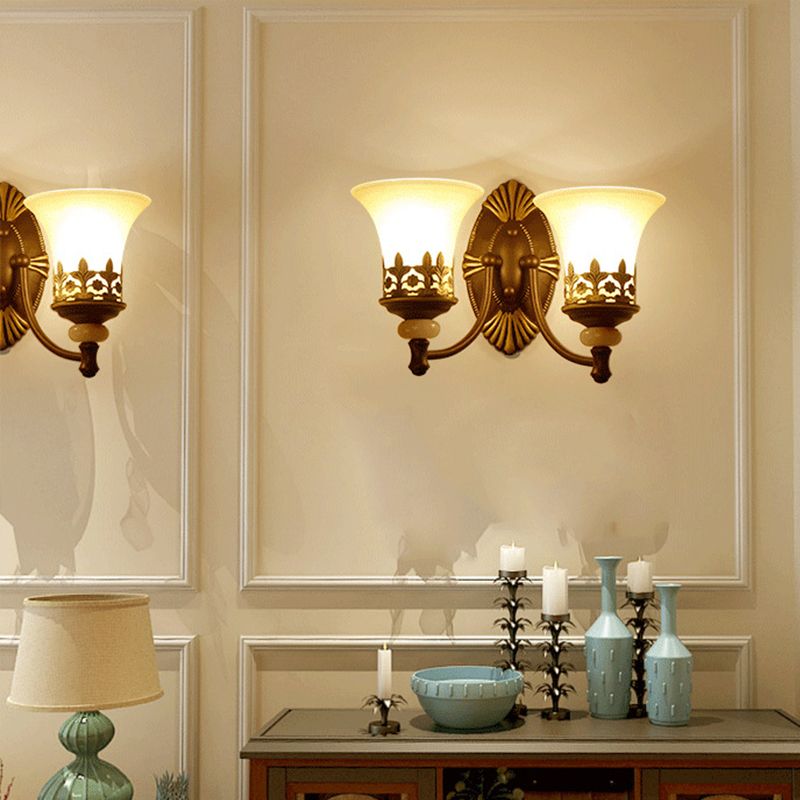 Flared Shade Beige Glass Wall Mount Light Retro Living Room Wall Lighting with Filigree in Dark Brown