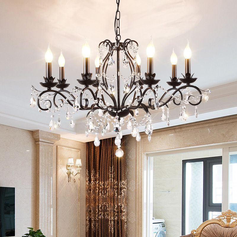 Contemporary Metal Curved Arm Hanging Chandelier Light Black Candle Bedroom Suspension Light with Crystal