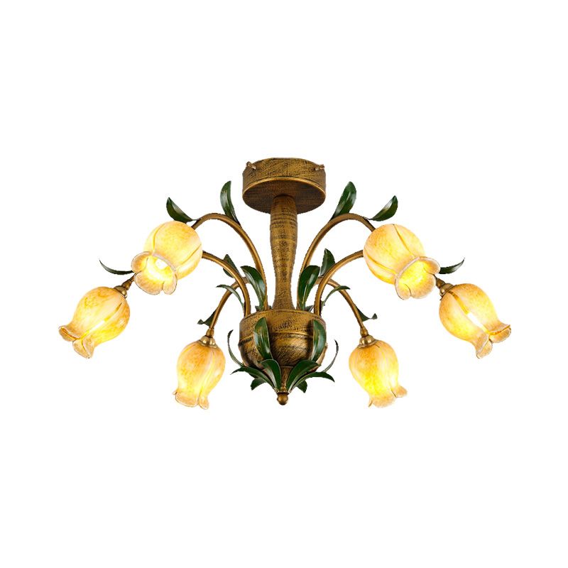 Laiton 6/8/10 Bulbes Semi Flush American Garden Metal Tulip LED près de l'éclairage du plafond pour le salon
