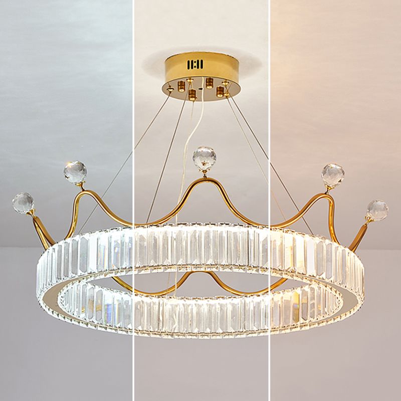 Beveled K9 Crystal Gold Pendant Light Crown Contemporary LED Ceiling Light for Bedroom