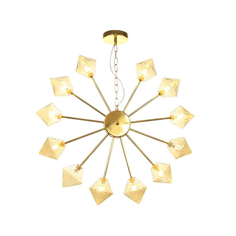 Diamond Shade Hanging Lighting Industrial Amber/Clear Glass 6/9/12 Heads Living Room Chandelier Lamp in Black/Brass/Copper