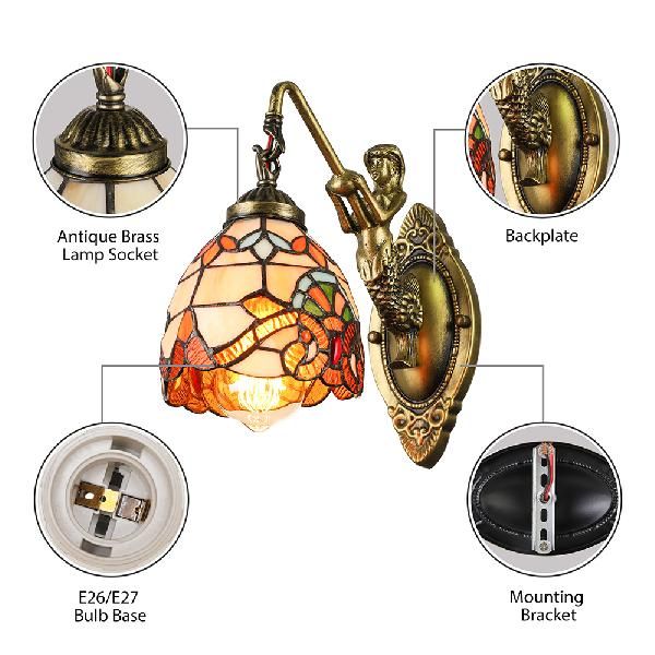 1 Light Bell Wall Lighting Victorian Tiffany Stained Glass Sconce Lighting with Mermaid