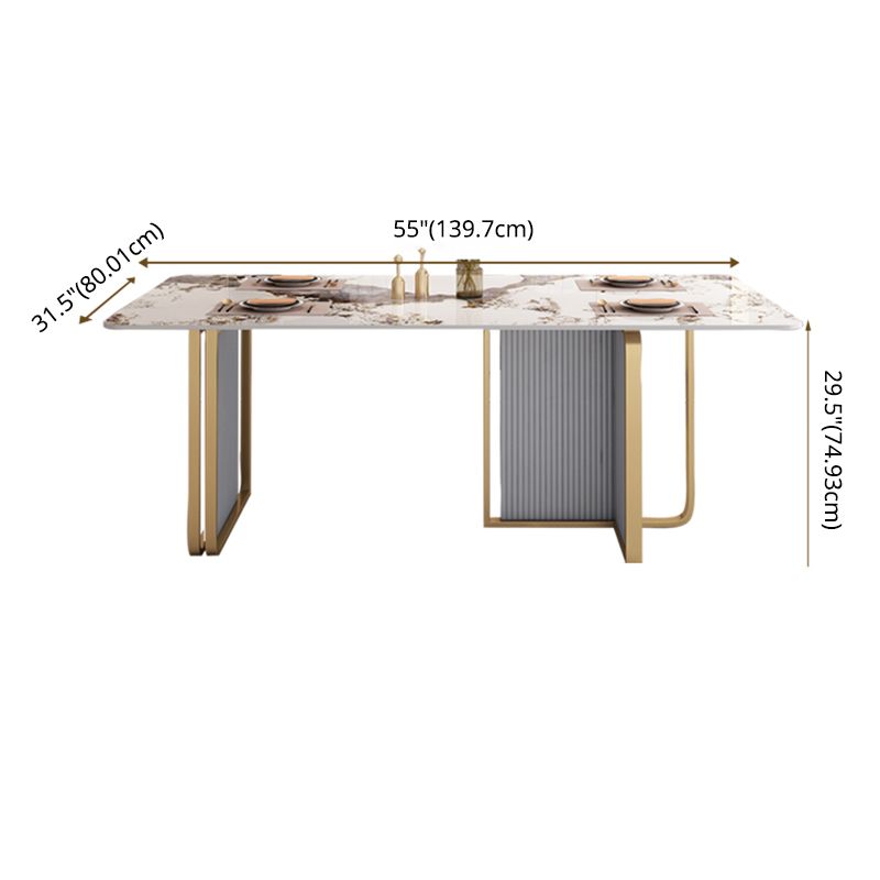 Modern Sintered Stone Table Set for 4/6 with Rectangle Table Dining Set with Gold Double Pedestal