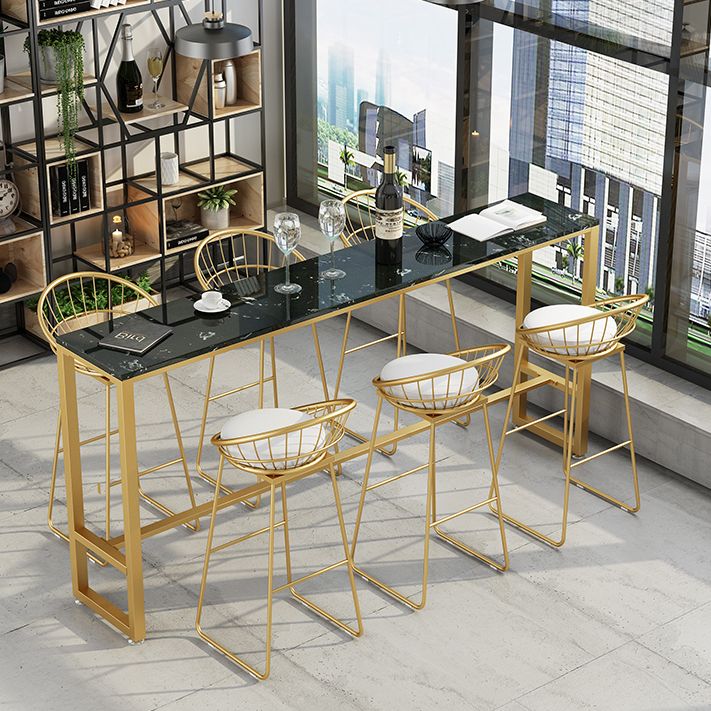 Stone Rectangle Bar Dining Table Contemporary Bar Table with Trestle Base in Gold