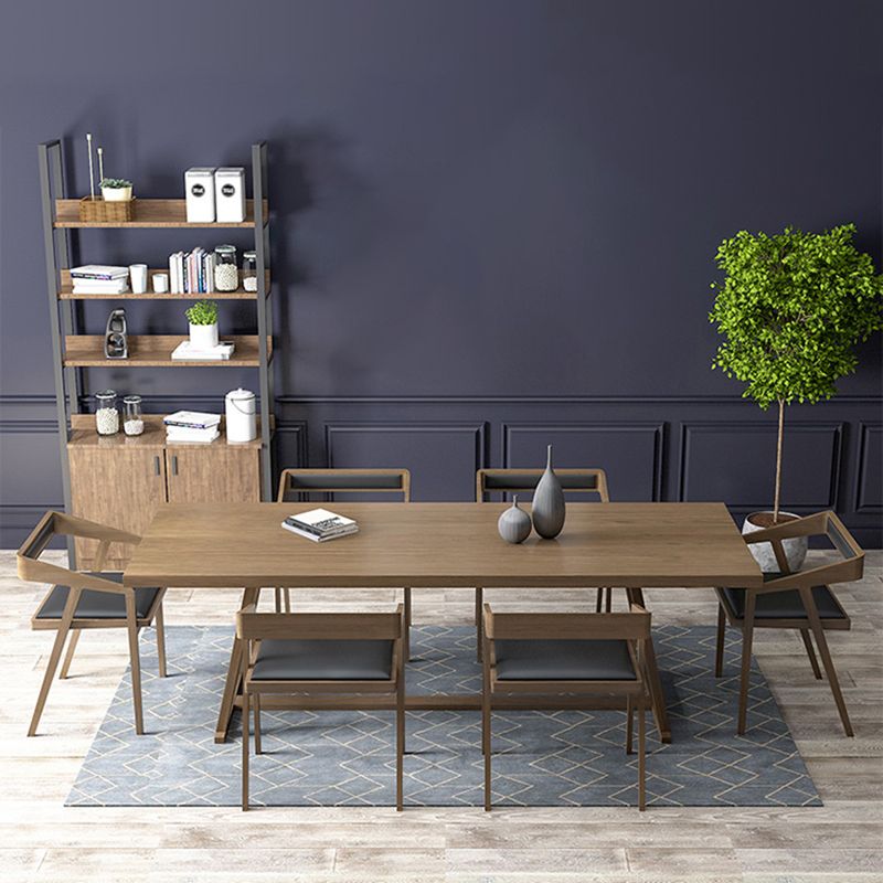 Rectangle Trestle Base Modern Dining Table Wood Color Fixed Table with Solid Wood