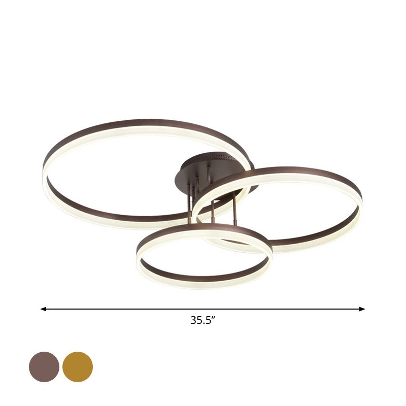 Goud/koffie LED-plafondarmatuur met 3 ringen, minimalistische acryl semi-inbouwlamp in warm/wit licht