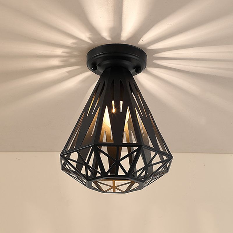1-Light Flush Mount Ceiling Light Fixture Simple Small Diamond Cage Iron Flushmount in Black/White
