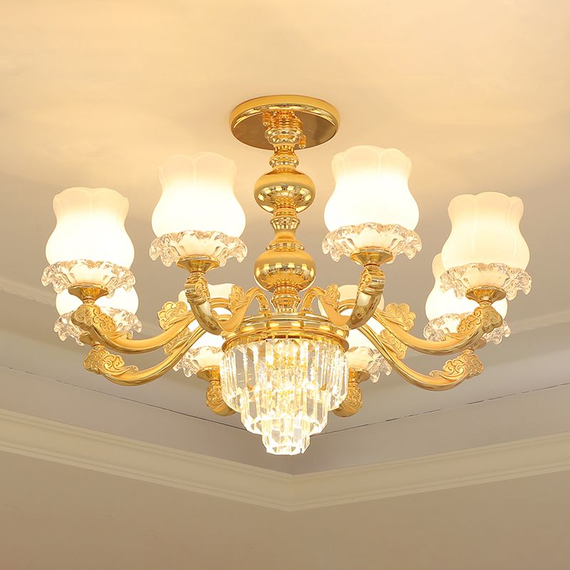 Retro Style Bud Suspension Light Cream Glass Chandelier Light with Layered Crystal Decor in Gold