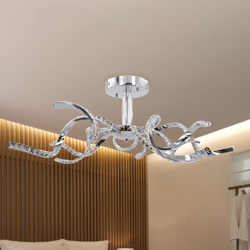 Twist Crystal Semi Flush Lighting Minimalist 10 Lights Chrome Ceiling Light Fixture in White/Natural Light