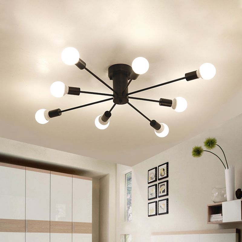 6/8 Heads Ceiling Light Fixture with Exposed Bulb Metal Retro Style Bedroom Semi Flush Mount Lighting in Black/White