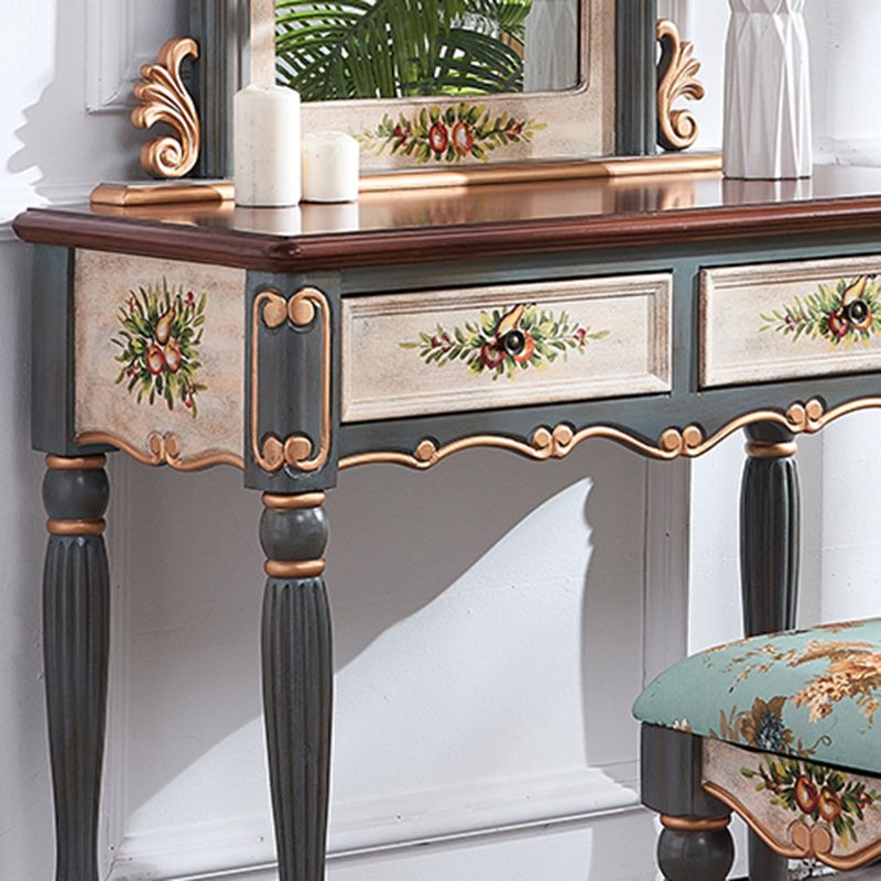Victorian Wood Vanity Set with Stool and Mirror in Antique Oak Vanity