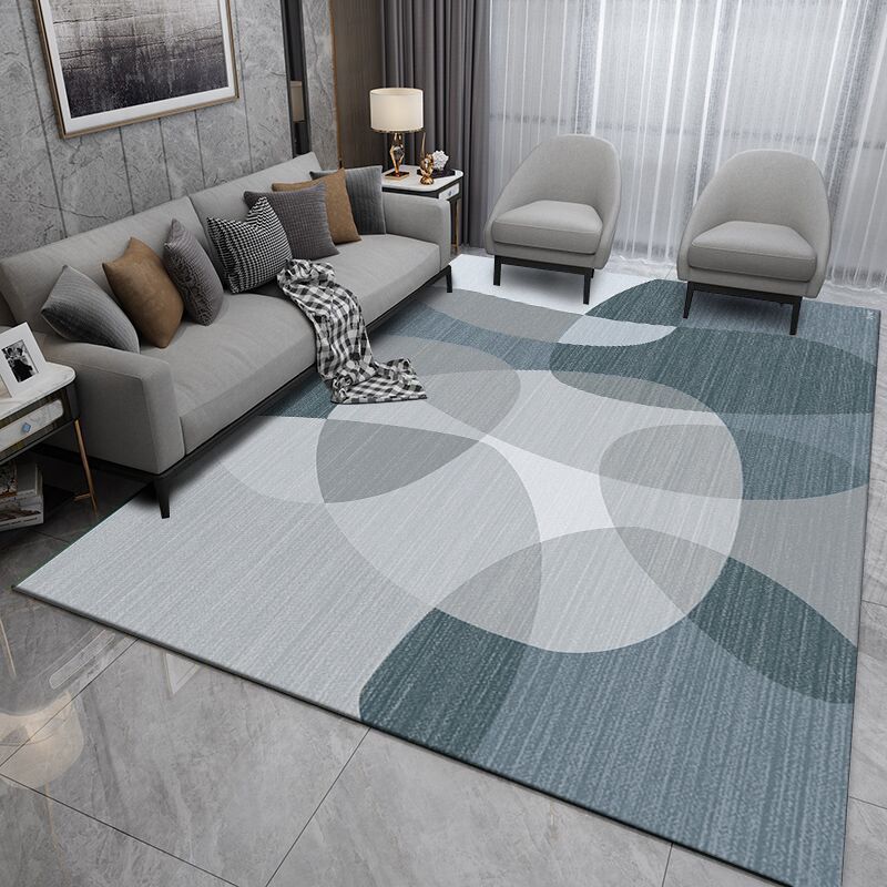 Blue Living Room Carpet Geometric Pattern Polyester Area Rug Non-Slip Backing Rug