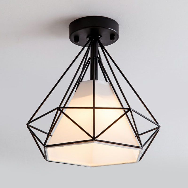 Iron Diamond Cage Semi Flush Light Simplicity Single Corridor Flush Ceiling Light Fixture