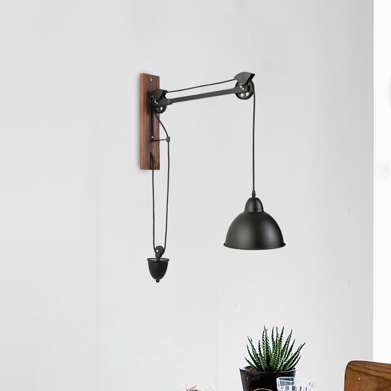 Domed Indoor Wall Mount Light Industrial Metal 1 Head Black Sconce Light with Beige/Brown Wood Backplate and Pulley