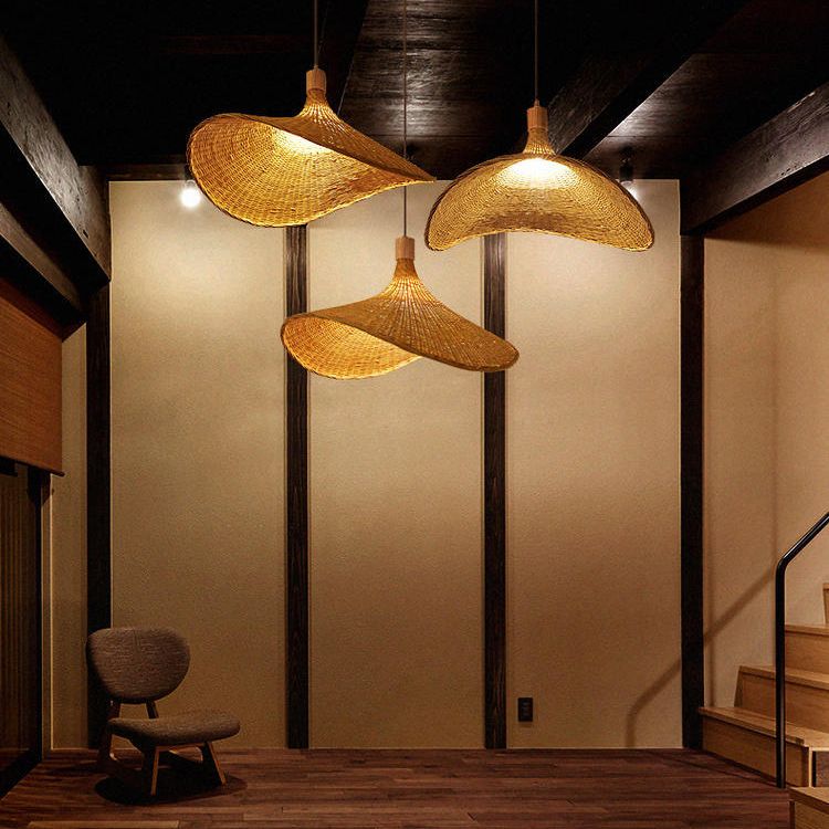 Asiatischer Stil handgefertigt Bambuswebige moderne Anhängerhut Form Küche Anhänger Beleuchtung