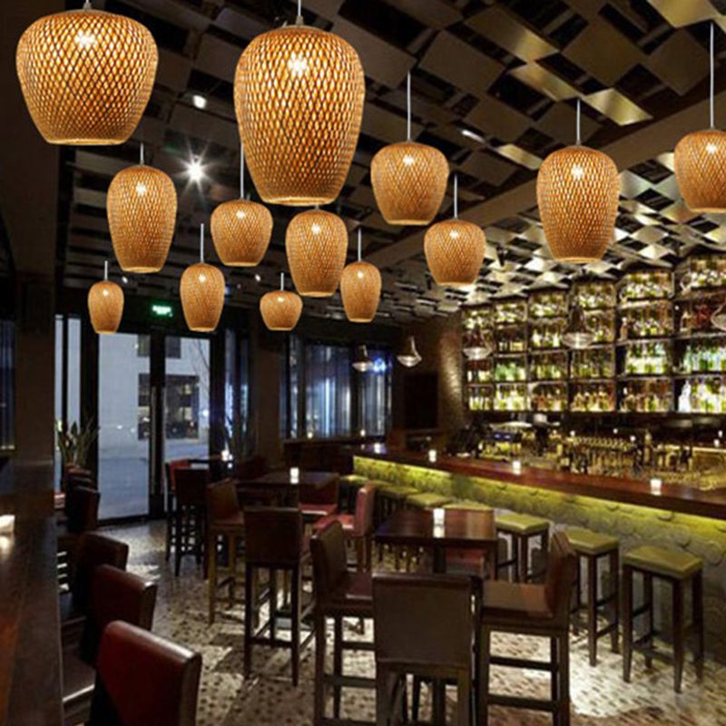 Asian Creative Drum Pendant Light Bamboo Weaving Hanging Lamp for Interior Spaces