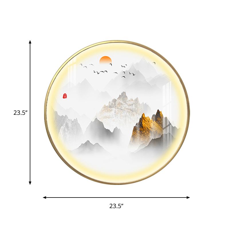 Luz de metal de metal redondeado chino iluminación de pared LED montada en oro con montaña y patrón de sol