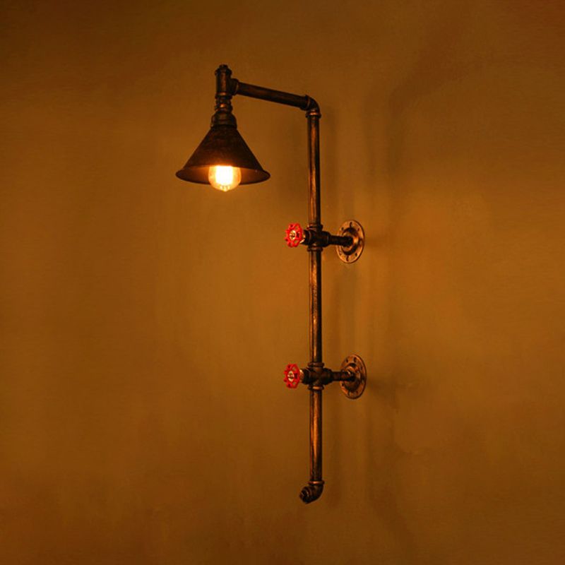 Cone Shade Iron Wall Light Kit Industrial Single Living Room Wall Mount Lamp with Valve and Bracket Design in Bronze