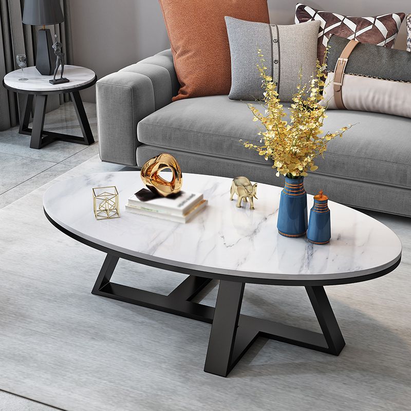 Modern Slate Cross Legs Coffee Table Oval Cocktail Table in Grey/White