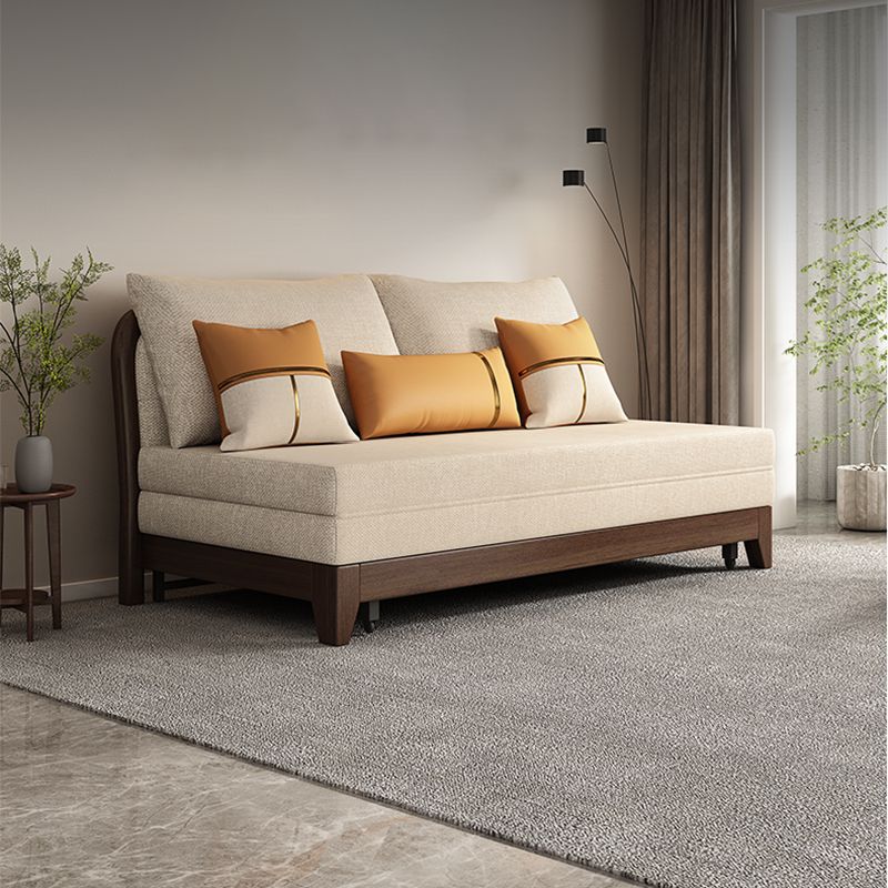 Linen Armless Sofa Bed with Pillow Back Solid Wood Sofa Bed in Beige