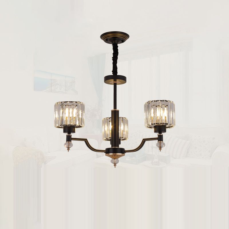 Minimalist Style Up Chandelier Black Cylindrical Suspension Light with Crystal Shade