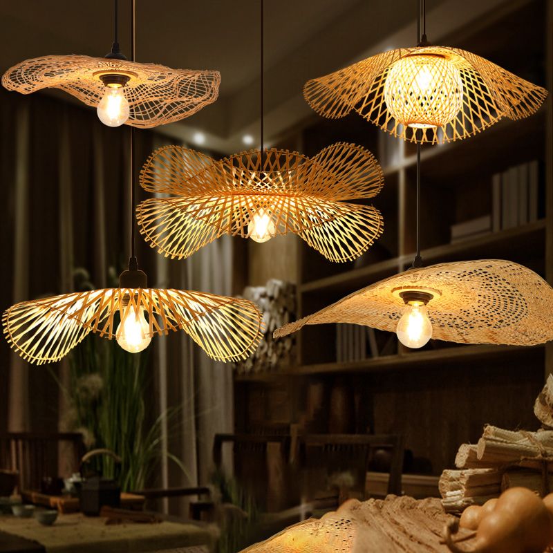Lotus Leaf Restaurant Ceiling Light Bamboo 1 Bulb Asian Style Hanging Light Fixture in Wood