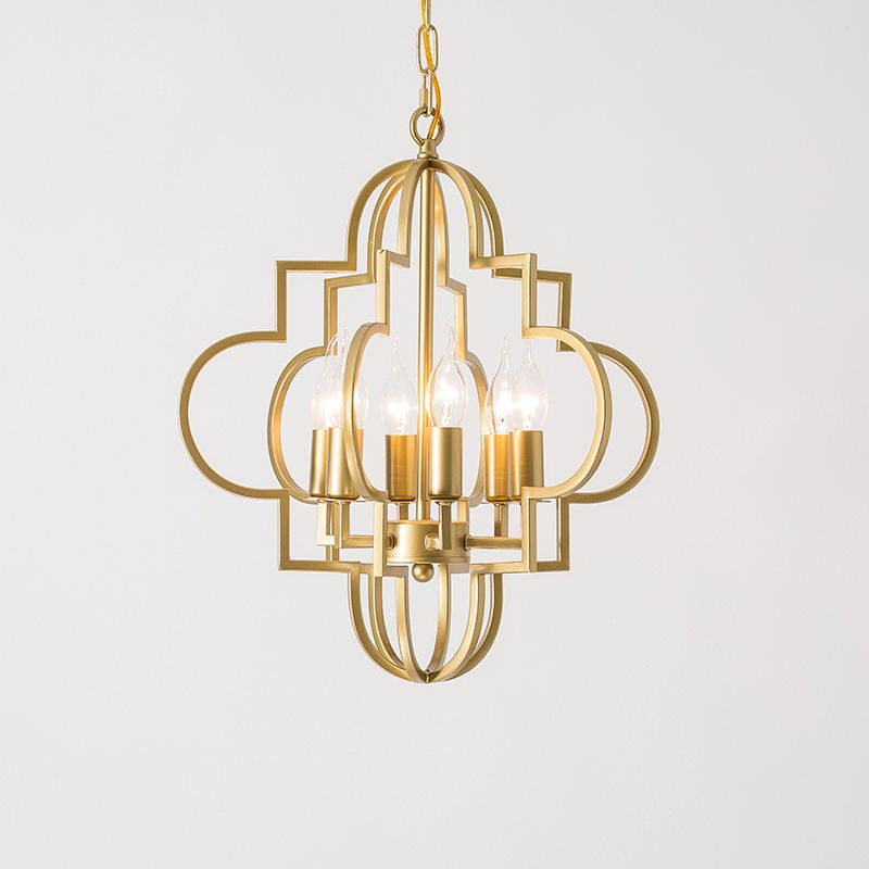 Metal Gold Pendant Lamp Candle Shade 6 Lights Classic Chandelier Light Fixture for Bedroom
