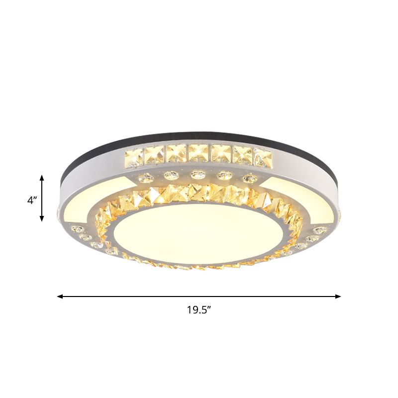 LED Flush Mount Lamp Modern Circular Clear Crystal Block Ceiling Mount in White for Living Room