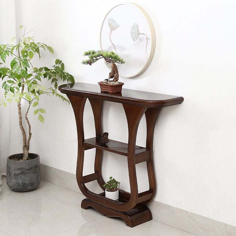 33.46" Tall Half Moon Accent Table Solid Wood Console Table with Shelves
