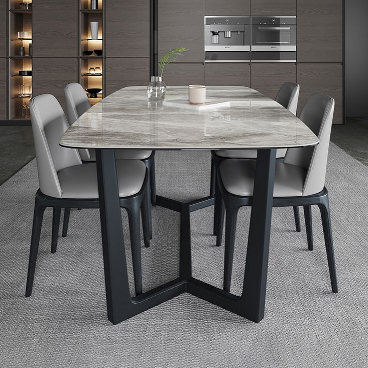 Mesa industrial rectangular con base de caballete, mesa fija en tono gris con piedra sinterizada