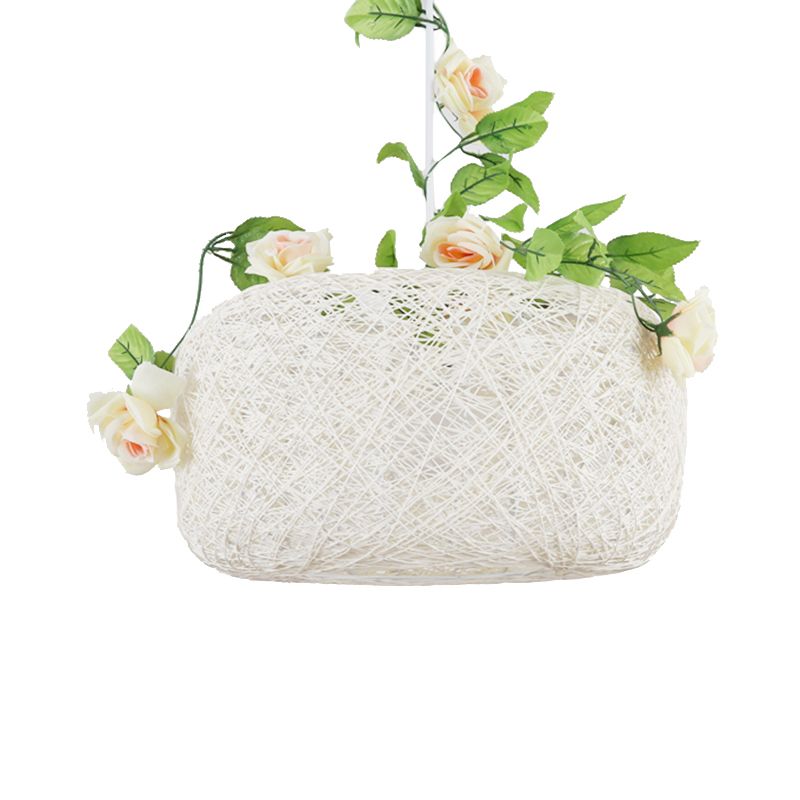 Single Light Drum/Scalloped Hanging Lamp Rustic Bine Pendant Light in White