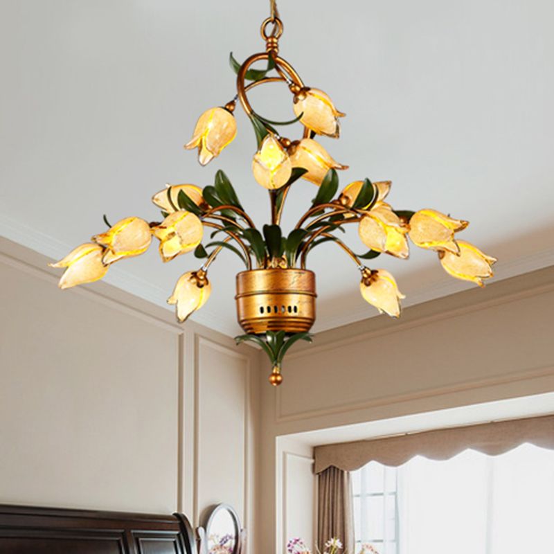 Brass Flower LED Hanging Chandelier Pastoral Frosted Glass 15 Lights Living Room Ceiling Pendant