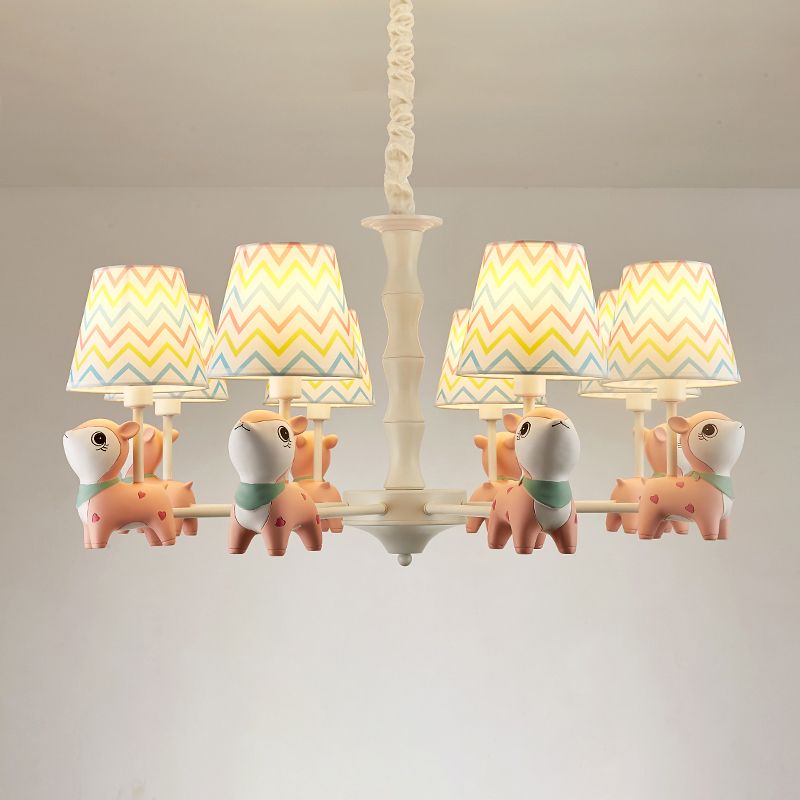Cartoon Empire Shade Suspension Light Patterned Fabric Bedroom Chandelier Light with Resin Deer in Pink