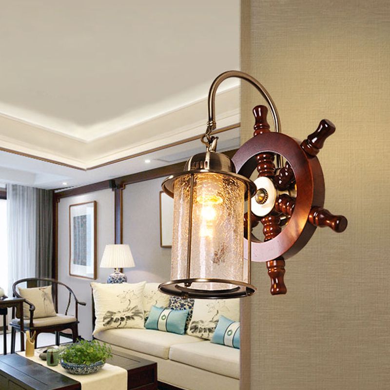 Cylinder Clear Crackle Glass Wall Lamp Sconce Farm 1 Light Living Room Wall Lighting in Gold with Wood Rudder Deco